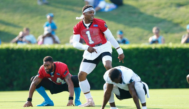 Jul 26, 2017; Spartanburg, SC, USA; Carolina Panthers quarterback Cam Newton (1) dances during stretches during training camp held at Wofford College. Photo Credit: Jeremy Brevard-USA TODAY Sports