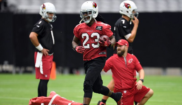 Jul 22, 2017; Glendale, AZ, USA; Arizona Cardinals running back Chris Johnson (23) runs with the ball during training camp at University of Phoenix Stadium. Photo Credit: Joe Camporeale-USA TODAY Sports