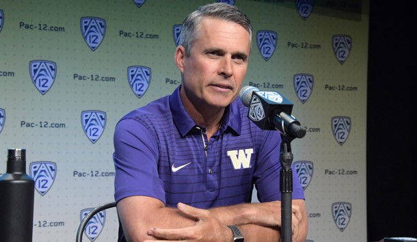 Jul 26, 2017; Hollywood, CA, USA; Washington Huskies coach Chris Petersen speaks during Pac-12 media day at Hollywood & Highland. Photo Credit: Kirby Lee-USA TODAY Sports