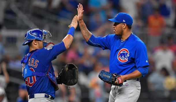 Jul 18, 2017; Atlanta, GA, USA; Chicago Cubs relief pitcher Hector Rondon (56) and catcher Willson Contreras (40) react after defeating the Atlanta Braves at SunTrust Park. Photo Credit: Dale Zanine-USA TODAY Sports