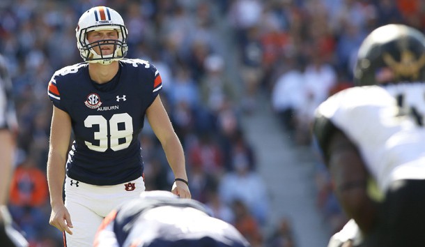 Nov 5, 2016; Auburn, AL, USA;   Auburn Tigers kicker Daniel Carlson (38) lines up for a field goal during the fourth quarter against the Vanderbilt Commodores at Jordan Hare Stadium.  The Tigers beat the Commodores 23-16. Photo Credit: John Reed-USA TODAY Sports