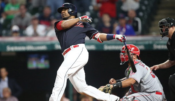 Jul 25, 2017; Cleveland, OH, USA;  Cleveland Indians designated hitter Edwin Encarnacion (10) hits a game winning walk off grand slam to win the game against the Los Angeles Angels in eleventh innings at Progressive Field. Photo Credit: Charles LeClaire-USA TODAY Sports