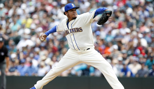 Jul 9, 2017; Seattle, WA, USA; Seattle Mariners starting pitcher Felix Hernandez (34) throws against the Oakland Athletics during the third inning at Safeco Field. Photo Credit: Joe Nicholson-USA TODAY Sports