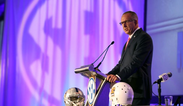 Jul 10, 2017; Hoover, AL, USA; Southeastern Conference commissioner Greg Sankey speaks during SEC media days at Hyatt Regency Birmingham-The Winfrey Hotel. Photo Credit: Jason Getz-USA TODAY Sports