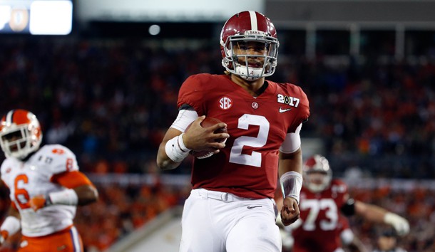 Jan 9, 2017; Tampa, FL, USA; Alabama Crimson Tide quarterback Jalen Hurts (2) runs to the end zone for a touchdown against the Clemson Tigers during the fourth quarter in the 2017 College Football Playoff National Championship Game at Raymond James Stadium. Photo Credit: Kim Klement-USA TODAY Sports