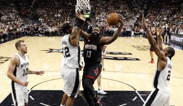 May 1, 2017; San Antonio, TX, USA; Houston Rockets shooting guard James Harden (13) shoots the ball as San Antonio Spurs power forward LaMarcus Aldridge (12) defends during the first half in game one of the second round of the 2017 NBA Playoffs at AT&T Center. Photo Credit: Soobum Im-USA TODAY Sports
