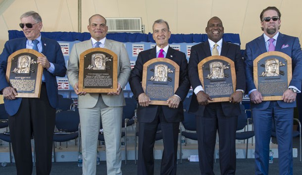 Jul 30, 2017; Cooperstown, NY, USA; Hall of Fame Inductee Bud Selig, Hall of Fame Inductee Ivan Rodriguez, Hall of Fame Inductee John Schuerhotz, Hall of Fame Inductee Tim Raines and Hall of Fame Inductee Jeff Bagwell pose with their Hall of Fame plagues after the induction ceremony at Clark Sports Center. Photo Credit: Gregory J. Fisher-USA TODAY Sports
