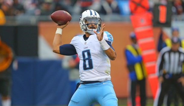 Nov 27, 2016; Chicago, IL, USA; Tennessee Titans quarterback Marcus Mariota (8) passes during the second half against the Chicago Bears at Soldier Field. Tennessee won 27-21. Photo Credit: Dennis Wierzbicki-USA TODAY Sports