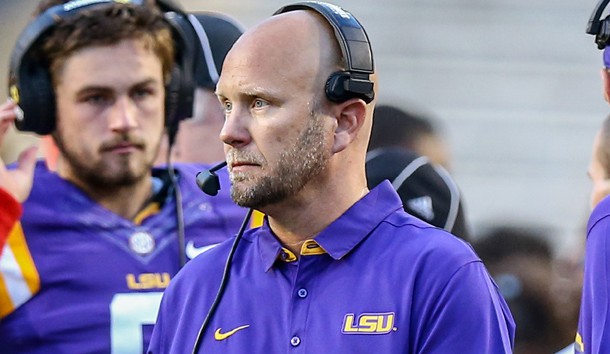 Apr 22, 2017; Baton Rouge, LA, USA; LSU offensive coordinator Matt Canada during the second quarter of the annual Louisiana State Tigers purple-gold spring game at Tiger Stadium. Purple team won 7-3. Photo Credit: Stephen Lew-USA TODAY Sports