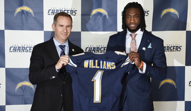 Apr 28, 2017; Los Angeles, CA, USA; Los Angeles Chargers first round pick Mike Williams poses with president A.G. Spanos (left) during a press conference at StubHub Center. Photo Credit: Kelvin Kuo-USA TODAY Sports