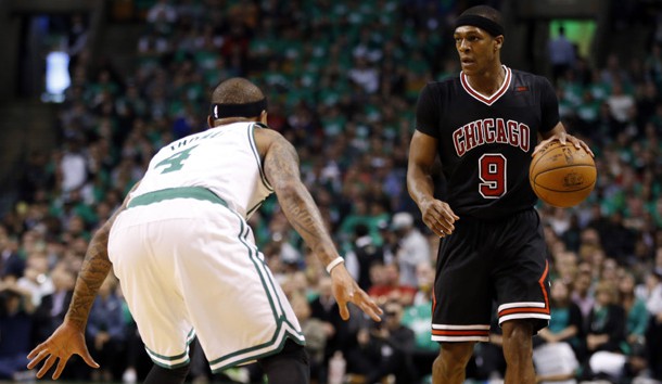 Apr 18, 2017; Boston, MA, USA; Chicago Bulls point guard Rajon Rondo (9) is guarded by Boston Celtics point guard Isaiah Thomas (4) during the first quarter in game two of the first round of the 2017 NBA Playoffs at TD Garden. Photo Credit: Greg M. Cooper-USA TODAY Sports