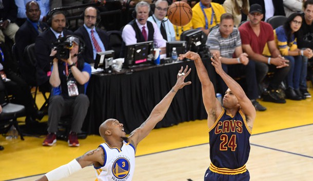 Jun 1, 2017; Oakland, CA, USA; Cleveland Cavaliers forward Richard Jefferson (24) shoots the basketball against Golden State Warriors forward David West (3) during the second quarter in game one of the 2017 NBA Finals at Oracle Arena. Photo Credit: Kyle Terada-USA TODAY Sports