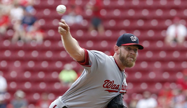 Jul 17, 2017; Cincinnati, OH, USA; Washington Nationals starting pitcher Stephen Strasburg throws against the Cincinnati Reds during the first inning at Great American Ball Park. Photo Credit: David Kohl-USA TODAY Sports