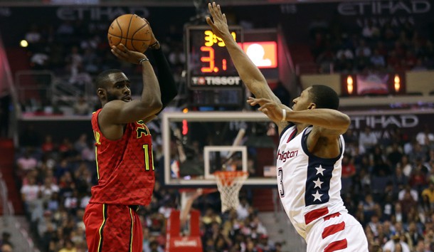 Apr 26, 2017; Washington, DC, USA; Atlanta Hawks guard Tim Hardaway Jr. (10) shoots the ball as Washington Wizards guard Bradley Beal (3) defends in the second quarter in game five of the first round of the 2017 NBA Playoffs at Verizon Center. Photo Credit: Geoff Burke-USA TODAY Sports