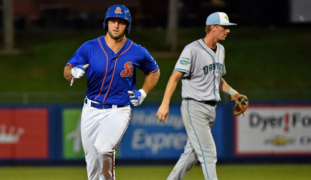 Jul 13, 2017; Port St. Lucie, FL, USA; St. Lucie Mets designated hitter Tim Tebow (15) rounds the bases after hitting a walk off solo home run to defeat the against the Daytona Tortugas at First Data Field. Photo Credit: Jasen Vinlove-USA TODAY Sports