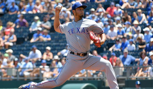 Jul 16, 2017; Kansas City, MO, USA; Texas Rangers starting pitcher Yu Darvish (11) delvers a pitch in the first inning against the Kansas City Royals at Kauffman Stadium. Photo Credit: Denny Medley-USA TODAY Sports