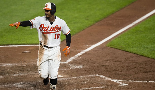 Aug 21, 2017; Baltimore, MD, USA; Baltimore Orioles center fielder Adam Jones (10) celebrates after hitting a solo home run against the Oakland Athletics in the fifth inning during a game at Oriole Park at Camden Yards. Photo Credit: Patrick McDermott-USA TODAY Sports