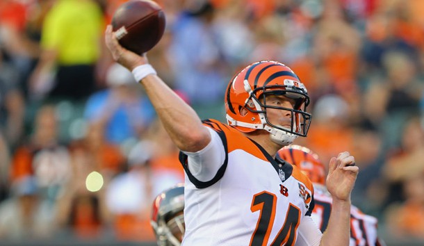 Aug 11, 2017; Cincinnati, OH, USA; Cincinnati Bengals quarterback Andy Dalton (14) throws against the Tampa Bay Buccaneers in the first half at Paul Brown Stadium. Photo Credit: Aaron Doster-USA TODAY Sports