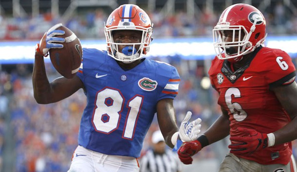 Oct 29, 2016; Jacksonville, FL, USA; Florida Gators wide receiver Antonio Callaway (81) runs the ball in for a touchdown  against the Georgia Bulldogs during the second half at EverBank Field. Florida Gators defeated the Georgia Bulldogs 24-10. Photo Credit: Kim Klement-USA TODAY Sports