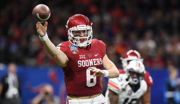 Jan 2, 2017; New Orleans , LA, USA; Oklahoma Sooners quarterback Baker Mayfield (6) throws on the run against the Auburn Tigers  in the third quarter of the 2017 Sugar Bowl at the Mercedes-Benz Superdome. Photo Credit: John David Mercer-USA TODAY Sports