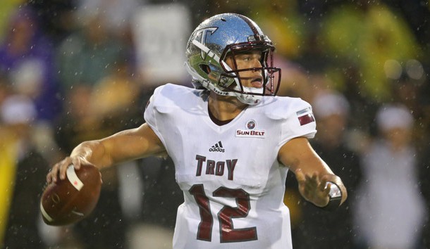 Sep 17, 2016; Hattiesburg, MS, USA; Troy Trojans quarterback Brandon Silvers (12) looks to throw in the first quarter against the Southern Miss Golden Eagles at M.M. Roberts Stadium. Photo Credit: Chuck Cook-USA TODAY Sports