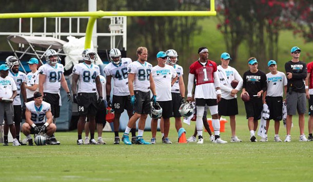 Jul 27, 2017; Spartanburg, SC, USA; Carolina Panthers quarterback Cam Newton (1), tight end Greg Olsen (88) and other receivers watch practice during Panthers Training Camp at Wofford College. Photo Credit: Jim Dedmon-USA TODAY Sports