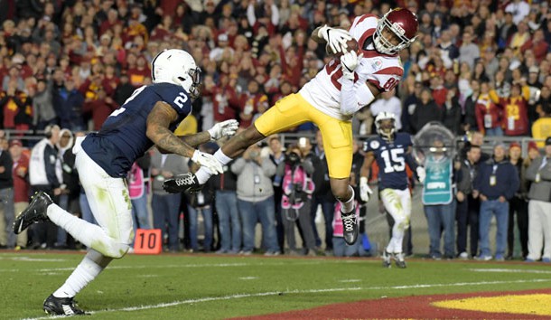 Jan 2, 2017; Pasadena, CA, USA; USC Trojans wide receiver Deontay Burnett (80) catches a pass for a touchdown against Penn State Nittany Lions safety Marcus Allen (2) during the fourth quarter of the 2017 Rose Bowl game at Rose Bowl. Photo Credit: Kirby Lee-USA TODAY Sports