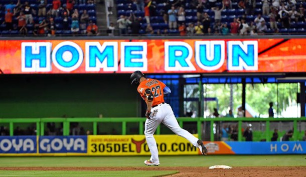 Aug 13, 2017; Miami, FL, USA; Miami Marlins right fielder Giancarlo Stanton (27) rounds the bases after hitting a solo home run in the third inning against the Colorado Rockies at Marlins Park. Photo Credit: Jasen Vinlove-USA TODAY Sports