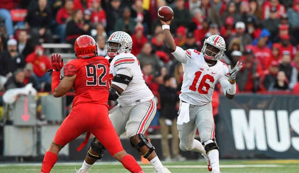 Nov 12, 2016; College Park, MD, USA;  Ohio State Buckeyes quarterback J.T. Barrett (16) throws during the second quarter against the Maryland Terrapins at Capital One Field at Maryland Stadium. Photo Credit: Tommy Gilligan-USA TODAY Sports