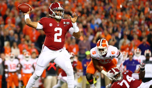 Jan 9, 2017; Tampa, FL, USA; Alabama Crimson Tide quarterback Jalen Hurts (2) throws a pass during the first quarter against the Clemson Tigers in the 2017 College Football Playoff National Championship Game at Raymond James Stadium. Photo Credit: Mark J. Rebilas-USA TODAY Sports