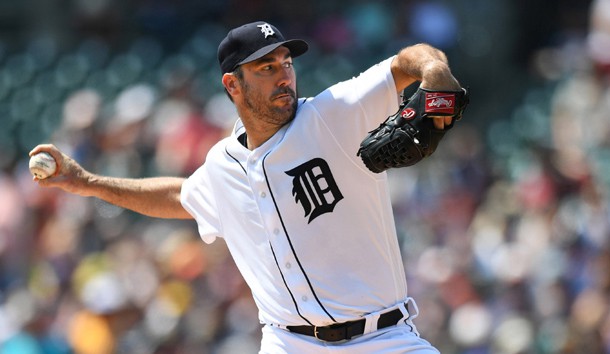 Aug 20, 2017; Detroit, MI, USA; Detroit Tigers starting pitcher Justin Verlander (35) pitches during the first inning against the Los Angeles Dodgers at Comerica Park. Photo Credit: Patrick Gorski-USA TODAY Sports