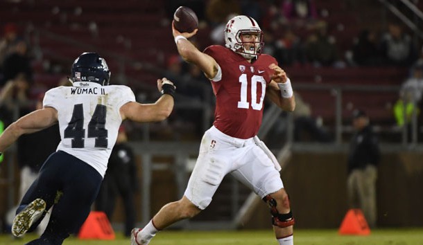 November 26, 2016; Stanford, CA, USA; Stanford Cardinal quarterback Keller Chryst (10) passes the football against Rice Owls defensive end Brian Womac (44) during the second quarter at Stanford Stadium. Photo Credit: Kyle Terada-USA TODAY Sports