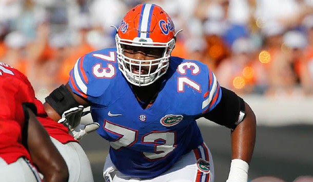 Oct 29, 2016; Jacksonville, FL, USA; Florida Gators offensive lineman Martez Ivey (73) blocks against the Georgia Bulldogs during the first quarter at EverBank Field. Photo Credit: Kim Klement-USA TODAY Sports