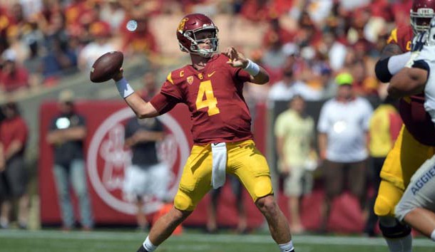 Sep 10, 2016; Los Angeles, CA, USA; USC Trojans quarterback Max Browne (4) throws a pass against the Utah State Aggies during a NCAA football game at Los Angeles Memorial Coliseum. Photo Credit: Kirby Lee-USA TODAY Sports