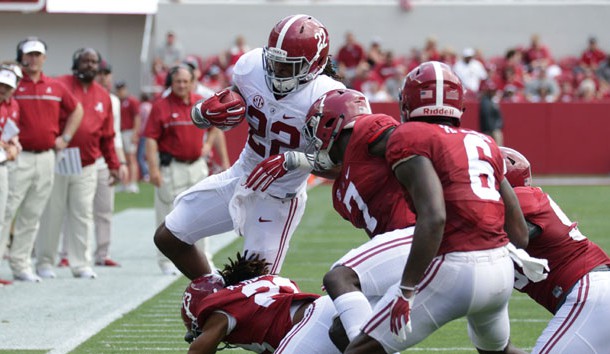 Apr 22, 2017; Tuscaloosa, AL, USA;  Alabama Crimson Tide running back Najee Harris (22) carries the ball for the white team during the A-day game at Bryant Denny Stadium. Photo Credit: Marvin Gentry-USA TODAY Sports