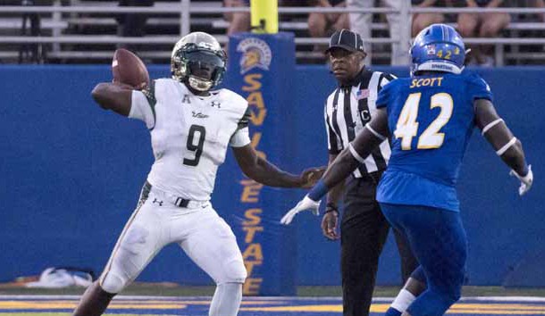 August 26, 2017; San Jose, CA, USA; South Florida Bulls quarterback Quinton Flowers (9) passes the football against San Jose State Spartans linebacker Jamal Scott (42) during the third quarter at CEFCU Stadium. Photo Credit: Kyle Terada-USA TODAY Sports