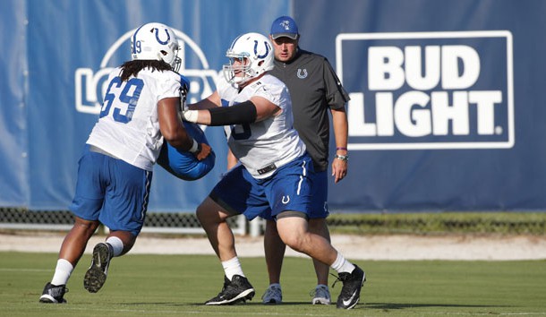 Jul 31, 2017; Indianapolis, IN, USA; Indianapolis Colts center Ryan Kelly (78) and offensive guard Deyshawn Bond (69) go through blocking drills during training camp at the Indiana Farm Bureau Center. Photo Credit: Brian Spurlock-USA TODAY Sports