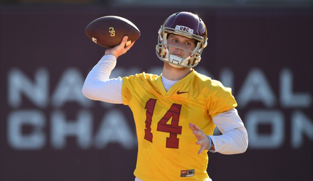 Mar 7, 2017; Los Angeles, CA, USA; Southern California Trojans quarterback Sam Darnold (14) throws a pass during spring practice at Howard Jones Field. Photo Credit: Kirby Lee-USA TODAY Sports