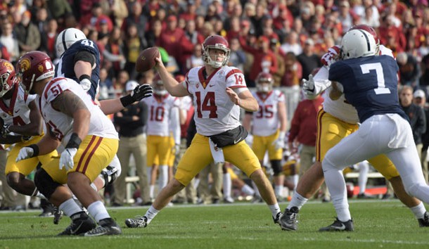 Jan 2, 2017; Pasadena, CA, USA; USC Trojans quarterback Sam Darnold (14) throws a pass against the Penn State Nittany Lions during the 103rd Rose Bowl at Rose Bowl. USC defeated Penn State 52-49 in the highest scoring game in Rose Bowl history. Photo Credit: Kirby Lee-USA TODAY Sports