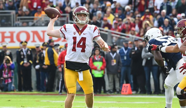 Jan 2, 2017; Pasadena, CA, USA; USC Trojans quarterback Sam Darnold (14) throws a touchdown pass against the Penn State Nittany Lions during the first quarter of the 2017 Rose Bowl game at Rose Bowl. Photo Credit: Jayne Kamin-Oncea-USA TODAY Sports