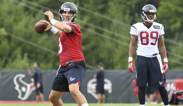 Jul 27, 2017; Greenbrier, WV, USA; Houston Texans quarterback Tom Savage (3) throws during training camp at The Greenbrier. Photo Credit: Michael Shroyer-USA TODAY Sports