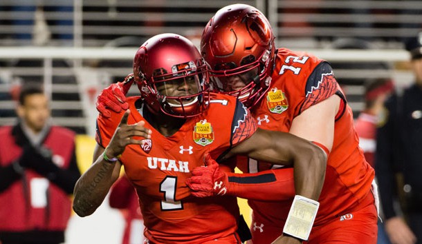 Dec 28, 2016; Santa Clara, CA, USA; Utah Utes quarterback Tyler Huntley (1) celebrates with offensive lineman Garett Bolles (72) after a touchdown against the Indiana Hoosiers during the second quarter at Levi's Stadium. Photo Credit: Kelley L Cox-USA TODAY Sports