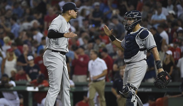 Aug 19, 2017; Boston, MA, USA; New York Yankees catcher Gary Sanchez (24) congratulates relief pitcher Dellin Betances (68) after defeating the Boston Red Sox at Fenway Park. Mandatory Credit: Bob DeChiara-USA TODAY Sports