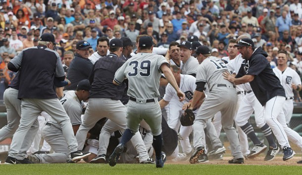 Aug 24, 2017; Detroit, MI, USA; Benches clear after Detroit Tigers first baseman Miguel Cabrera (24) and Detroit Tigers starting pitcher Jordan Zimmermann (27) get into a fight in the sixth inning at Comerica Park. Photo Credit: Rick Osentoski-USA TODAY Sports