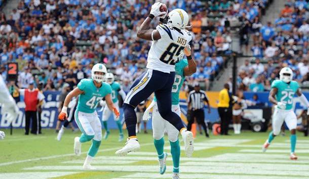 Sep 17, 2017; Carson, CA, USA; Los Angeles Chargers tight end Antonio Gates (85) catches a pass for a touchdown against the Miami Dolphins during the second half at StubHub Center. Photo Credit: Orlando Ramirez-USA TODAY Sports