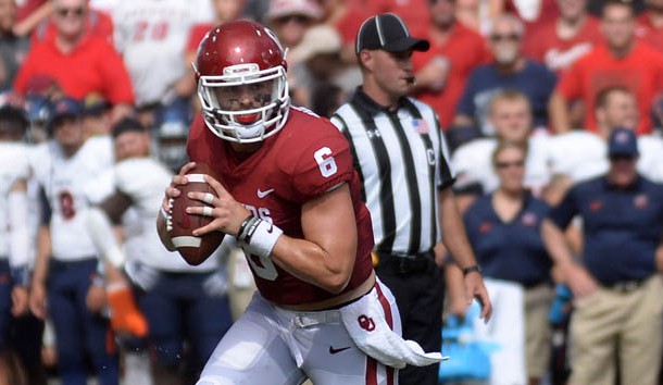 Sep 2, 2017; Norman, OK, USA; Oklahoma Sooners quarterback Baker Mayfield (6) looks to pass the ball against the UTEP Miners during the second quarter at Gaylord Family - Oklahoma Memorial Stadium. Photo Credit: Mark D. Smith-USA TODAY Sports