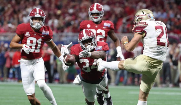 Sep 2, 2017; Atlanta, GA, USA; Alabama Crimson Tide running back Damien Harris (34) blocks the punt by Florida State Seminoles place kicker Logan Tyler (21) in the third quarter at Mercedes-Benz Stadium. Photo Credit: Jason Getz-USA TODAY Sports