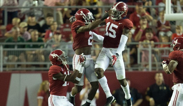 Sep 16, 2017; Tuscaloosa, AL, USA; Alabama Crimson Tide defensive back Tony Brown (2) and Alabama Crimson Tide defensive back Ronnie Harrison (15) celebrate after Harrison intercepts a pass in the third quarter against Colorado State Rams at Bryant-Denny Stadium. Photo Credit: Marvin Gentry-USA TODAY Sports