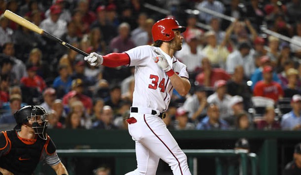Aug 7, 2017; Washington, DC, USA; Washington Nationals right fielder Bryce Harper (34) singles in the eighth inning against the Miami Marlins at Nationals Park. Photo Credit: Brad Mills-USA TODAY Sports