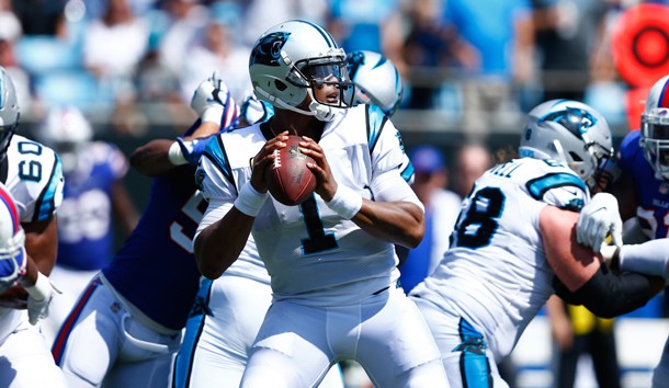 Sep 17, 2017; Charlotte, NC, USA; Carolina Panthers quarterback Cam Newton (1) looks to pass the ball in the first quarter against the Buffalo Bills at Bank of America Stadium. Photo Credit: Jeremy Brevard-USA TODAY Sports